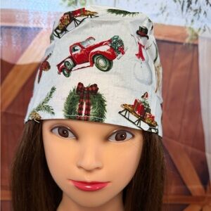 Holiday Trucks & Wreaths Surgical Scrub Cap - White with Red & Green